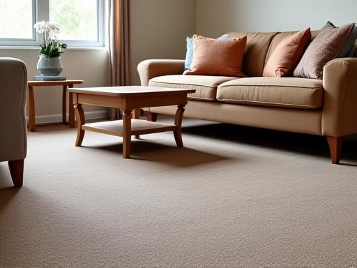 Tidy living room with vacuum lines on carpet