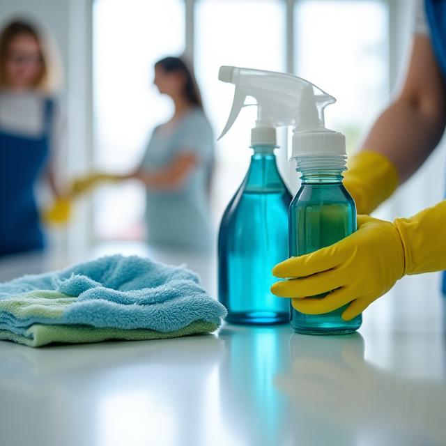 Professional cleaning team preparing eco-friendly supplies